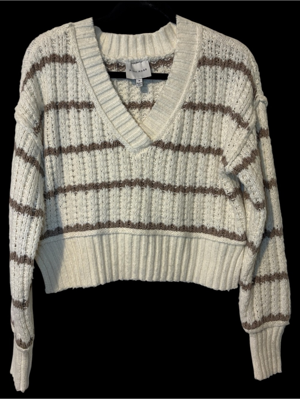 Pink Rose Cream and Brown Striped V-Neck Sweater